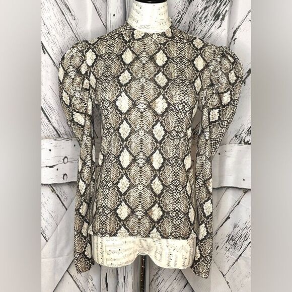 Free Kisses Snakeskin Print Top Mock Turtleneck Puffed Sleeve M - Picture 1 of 6
